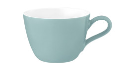 Kaffeetasse Life 240 ml aus Porzellan in weiß und türkis.