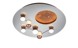 Die Trio LED-Deckenleuchte Zodiac 50 cm verfügt über kugelförmige Glühbirnen und ein kreisförmiges Element in Form eines strukturierten Kupfermondes.