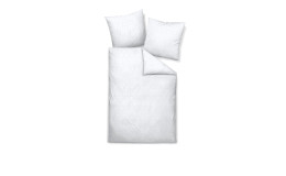 Jersey-Bettwäsche 155 x 220 cm Weiß/Silber mit dezentem Muster und zwei passenden Kopfkissenbezügen auf weißem Grund.