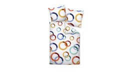 Satin-Bettwäsche 135 x 200 cm Blau, Set mit zwei Kissenbezügen und farbigen Kreisen.