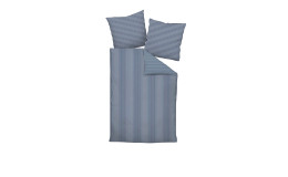 Satin-Bettwäsche 135 x 200 cm Marine mit Streifen, zwei Kissen und Decke, aus Naturfaser auf weißem Hintergrund.