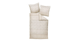 Satin-Bettwäsche Palermo 135 x 200 cm mit geometrischem Muster, Bettdecke und Kissen auf weißem Hintergrund.