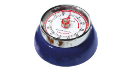 A Küchentimer Speed, blau lackiert, rund (7 cm), auf 0 Minuten, vor weißem Hintergrund.
