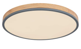 LED-Deckenleuchte Doro 60 cm von Globo, Holzoptik, schwarzer Rand, weißer Diffusor, Ansicht von unten.