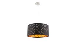 Pendelleuchte Clarke aus Nickel in silber und einen Schirm aus Teytil in schwarz und Gold.