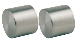 Zwei Gardinen-Endstücke Cap 2er-Set 20 mm in Edelstahl-Optik stehen nebeneinander auf weißem Hintergrund.