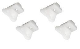 Feststeller 4er-Set: Vier weiße Kunststoffbügel mit abgewinkelten Haken, ideales Gardinenstangenzubehör, auf weißem Hintergrund.