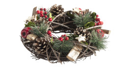 Kranz 26 cm aus Holz und Kunststoff mit verschiedenen Absetzungen in grün, braun und rot.