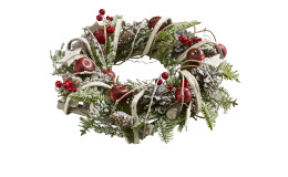 Kranz 32 cm aus Holz und Kunststoff mit verschiedenen Absetzungen in braun, grün und rot . Zusätzlich mit einer beeisten Oberfläche.