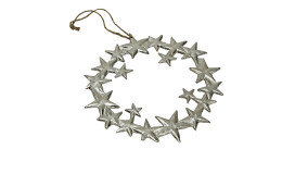 Sternenhänger 18 cm aus Aluminium in der Farbe silber mit einem braunen Faden zum Aufhängen.