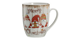 Kaffeebecher 340 ml aus Porzellan mit einem roten Schriftzug " Merry Christmas" und drei Weinachtsmänner in mehreren Farben.