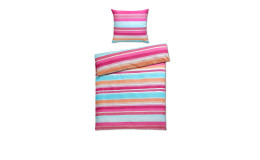 Satin Bettwäsche 135 x 200 cm in ponk, blau und orange gestreift.