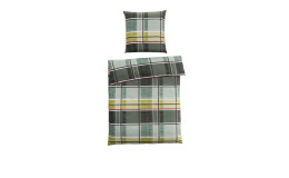 Grün, gelb, schwarz und weiß karierte Satin-Bettwäsche 135 x 200 cm auf weißem Hintergrund.