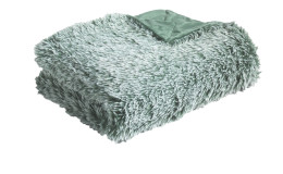 Eine gefaltete, hellgrüne Fellimitatdecke 150 x 200 cm aus Synthetikfaser, bei der eine glatte Gewebeecke frei liegt.
