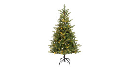 Tannenbaum Allison II 180 cm mit grünen Zweigen, warmweißen Lichtern & Metallständern vor weißem Hintergrund.