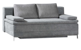 Schlafsofa Cello in einem Dunkelgrauen bezug und Beige mellierten Kissen