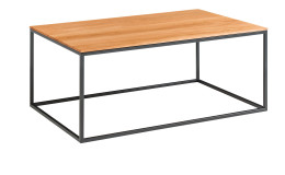 Couchtisch Axel mit einer Tischplatte aus astiger Eiche und schwarzen Gestell aus Metall