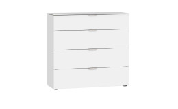 Kommode 06 Glas Bianco matt mit vier Schubkästen, edelstahlfarbige Griffe