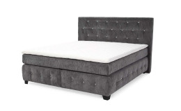 Boxspringbett Xin Mix mit einem Stoffbezug aus grauem Chenille und Glitzersteinchen im Kopfteil und den Boxen