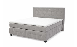 Boxspringbett Xin Mix mit einem Stoffbezug aus hellgrauem Chenille und Glitzersteinchen im Kopfteil und den Boxen