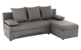 Ecksofa Prag in einem grauen Flachgewebe mit 3 Rücken- und 2 Armlehnkissen.