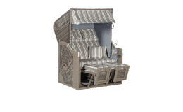 Strandkorb Rügen in Grau aus Pinienholz und Markengeflecht, Auflagen in Grau-Weiß