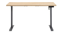 Elektro-Schreibtisch Renatura mit einer Tischplatte in Artisan Oak und anthraziten Metallgestell.