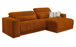Wohnlandschaft Leona in Orange, langlebiger Microfaserbezug, mit Ottoman rechts freigestellt vor weißem Hintergrund.