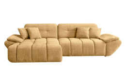 Wohnlandschaft Poppy in Beige mit Ottomane links, pflegeleichter Microfaserbezug und moderner Steppung freigestellt vor weißem Hintergrund.