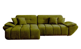 Wohnlandschaft Poppy in Grün mit Ottomane links, pflegeleichter Microfaserbezug und moderner Steppung freigestellt vor weißem Hintergrund.