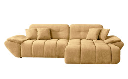 Wohnlandschaft Poppy in Beige mit Ottomane rechts, pflegeleichter Microfaserbezug und moderner Steppung freigestellt vor weißem Hintergrund.