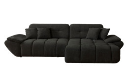 Wohnlandschaft Poppy in Schwarz mit Ottomane rechts, pflegeleichter Microfaserbezug und moderner Steppung freigestellt vor weißem Hintergrund.