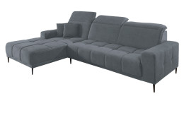 Wohnlandschaft Luan in Dunkelgrau mit Ottomane links, Wohnlandschaft mit Kopfteilverstellung und gesteppten Polstern freigestellt auf weißem Grund.
