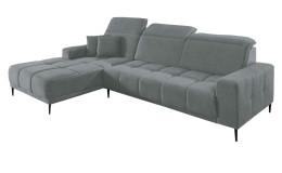 Wohnlandschaft Luan in Grau mit Ottomane links, Wohnlandschaft mit Kopfteilverstellung und gesteppten Polstern freigestellt auf weißem Grund.