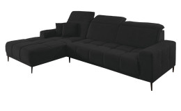 Wohnlandschaft Luan in Schwarz mit Ottomane links, Wohnlandschaft mit Kopfteilverstellung und gesteppten Polstern freigestellt auf weißem Grund.