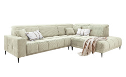 Wohnlandschaft Luan in Creme mit Cord-Optik, Anbauecke rechts und feiner Steppung freigestellt auf weißem Grund.