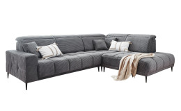 Wohnlandschaft Luan in Grau mit Cord-Optik, Anbauecke rechts und feiner Steppung freigestellt auf weißem Grund.