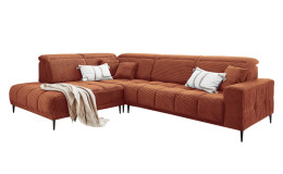 Wohnlandschaft Luan in Orange mit Cord-Optik, Anbauecke links und feiner Steppung freigestellt auf weißem Grund.
