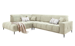 Wohnlandschaft Luan in Creme mit Cord-Optik, Anbauecke links und feiner Steppung freigestellt auf weißem Grund.
