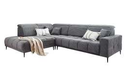 Wohnlandschaft Luan in Grau mit Cord-Optik, Anbauecke links und feiner Steppung freigestellt auf weißem Grund.