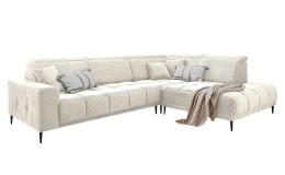 Wohnlandschaft Luan in Creme in Cord-Optik, Anbauecke rechts und feiner Steppung freigestellt auf weißem Grund.