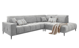 Wohnlandschaft Luan in Hellgrau Creme in Cord-Optik, Anbauecke rechts und feiner Steppung freigestellt auf weißem Grund.