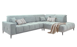 Wohnlandschaft Luan in Mint Creme in Cord-Optik, Anbauecke rechts und feiner Steppung freigestellt auf weißem Grund.