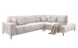 Wohnlandschaft Luan in Rosa Creme in Cord-Optik, Anbauecke rechts und feiner Steppung freigestellt auf weißem Grund.