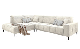 Wohnlandschaft Luan in Creme mit Cord-Optik, Anbauecke links und feiner Steppung freigestellt auf weißem Grund.