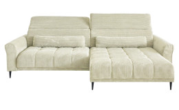 Wohnlandschaft Lilly in Creme mit Cord-Optik, Ottomane rechts, Kopfteilverstellung und gestepptem Bezug freigestellt auf weißem Grund.