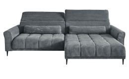 Wohnlandschaft Lilly in Grau mit Cord-Optik, Ottomane rechts, Kopfteilverstellung und gestepptem Bezug freigestellt auf weißem Grund.