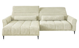 Wohnlandschaft Lilly in Creme mit in Cord-Optik, Ottomane links, Kopfteilverstellung und gestepptem Bezug freigestellt auf weißem Grund.