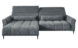 Wohnlandschaft Lilly in Grau mit in Cord-Optik, Ottomane links, Kopfteilverstellung und gestepptem Bezug freigestellt auf weißem Grund.