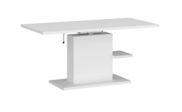 Couchtisch Cervon in weiß mit einem Säulenfuß und einer weiteren Ablagemöglichkeit unterhalb der Tischplatte schräg aufgestellt.
